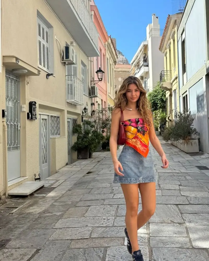 Printed Halter & Denim Skirt