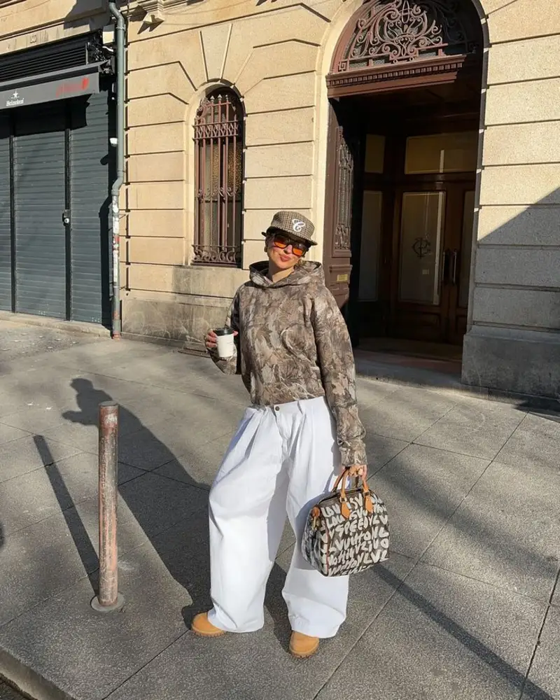 Printed Hoodie, White Pants