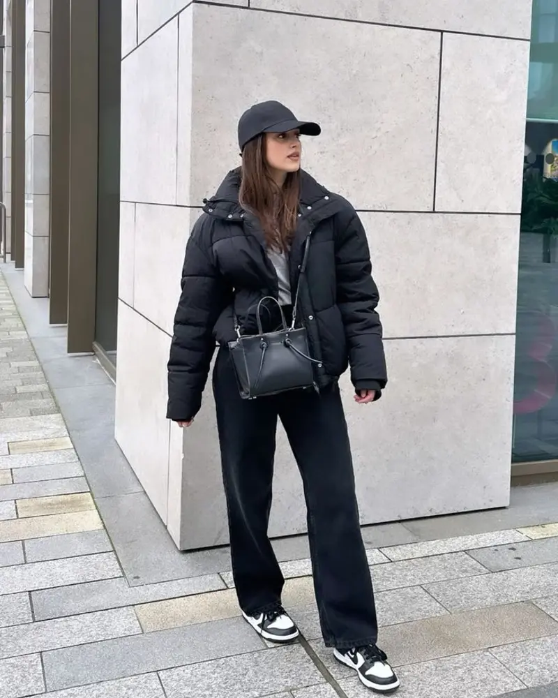 Puffer Jacket With Wide-Leg Jeans