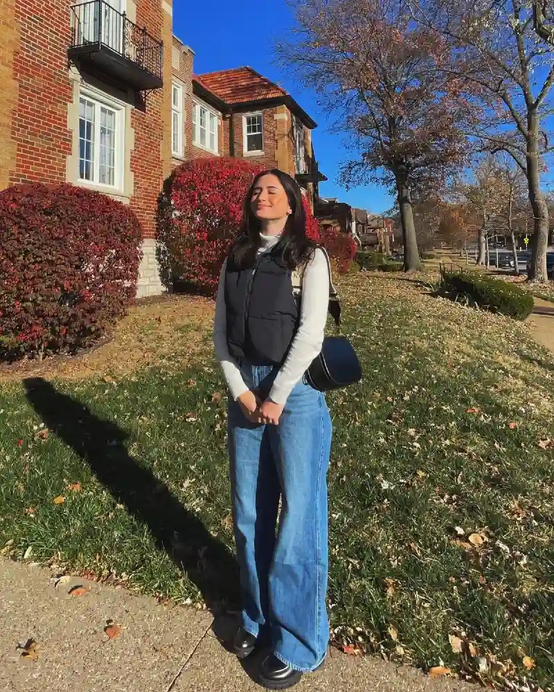 Puffer Vest, Ivory Sweater & Wide-Leg Jeans