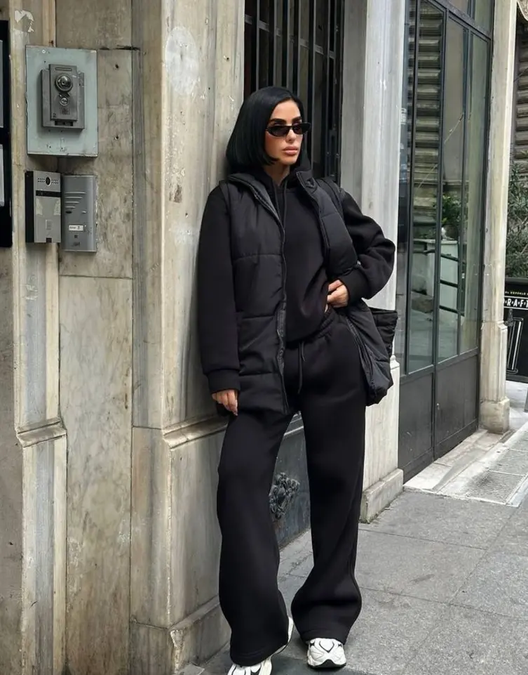 Puffer Vest Over a Hoodie and Sweatpants