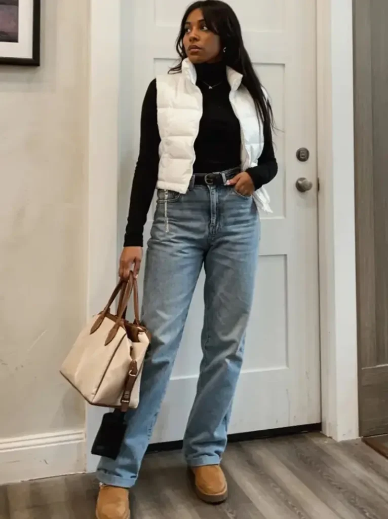 Puffer Vest, Turtleneck, Straight Leg Jeans, Boots