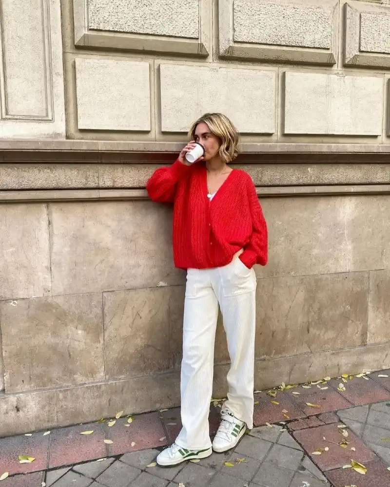 Red Cardigan & Ivory Trousers