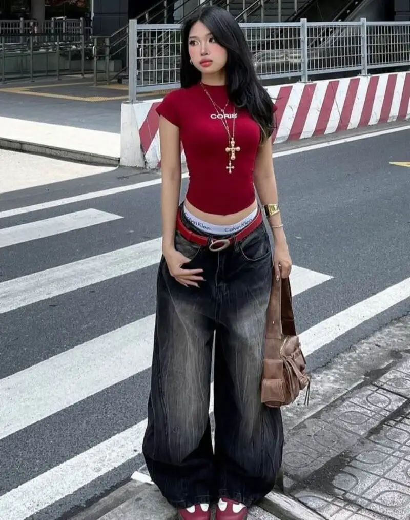 Red Crop Tee & Black Wide-Leg Jeans