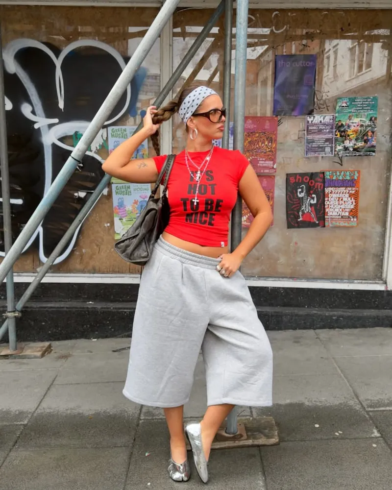 Red Graphic Crop Tee, Grey Sweat Culottes