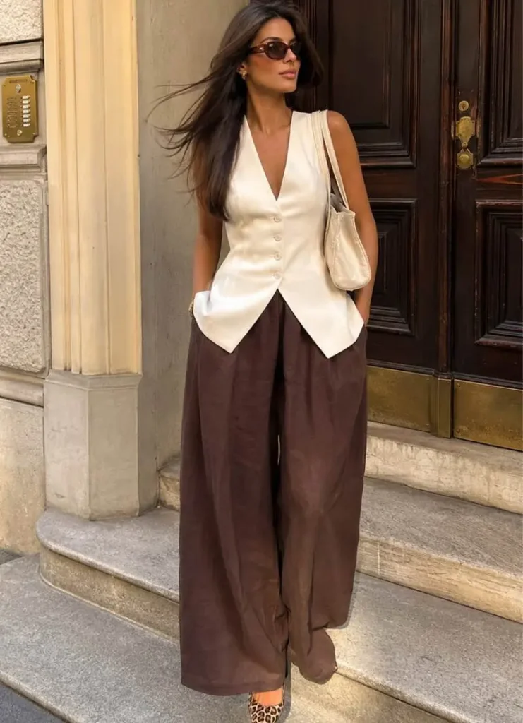 Red Mock-Neck Top, Ivory Satin Trousers