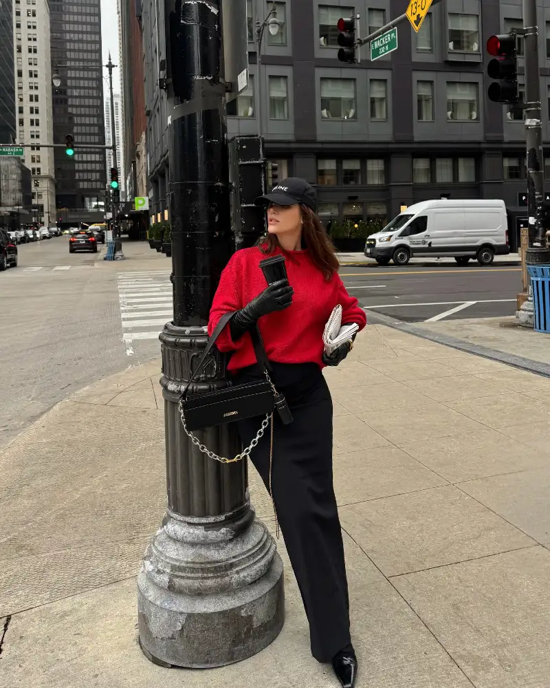Red Sweater + Black Wide-Leg Trousers