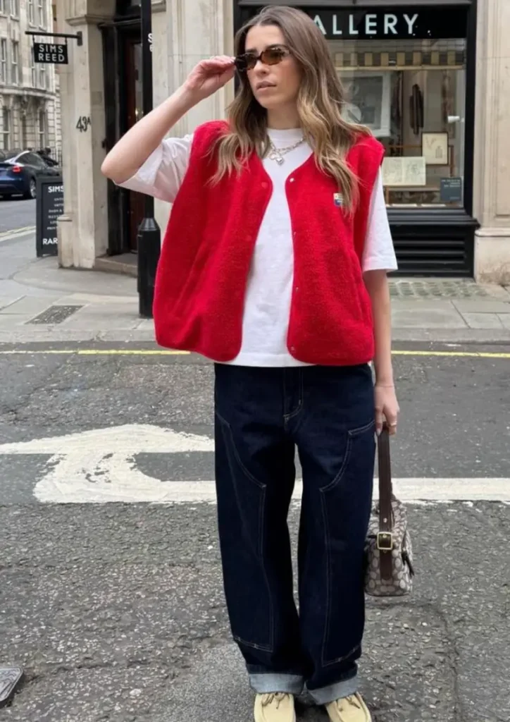 Red Teddy Vest + White Tee + Dark Denim