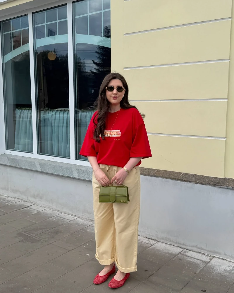 Red Tee & Cream Wide-Leg Pants