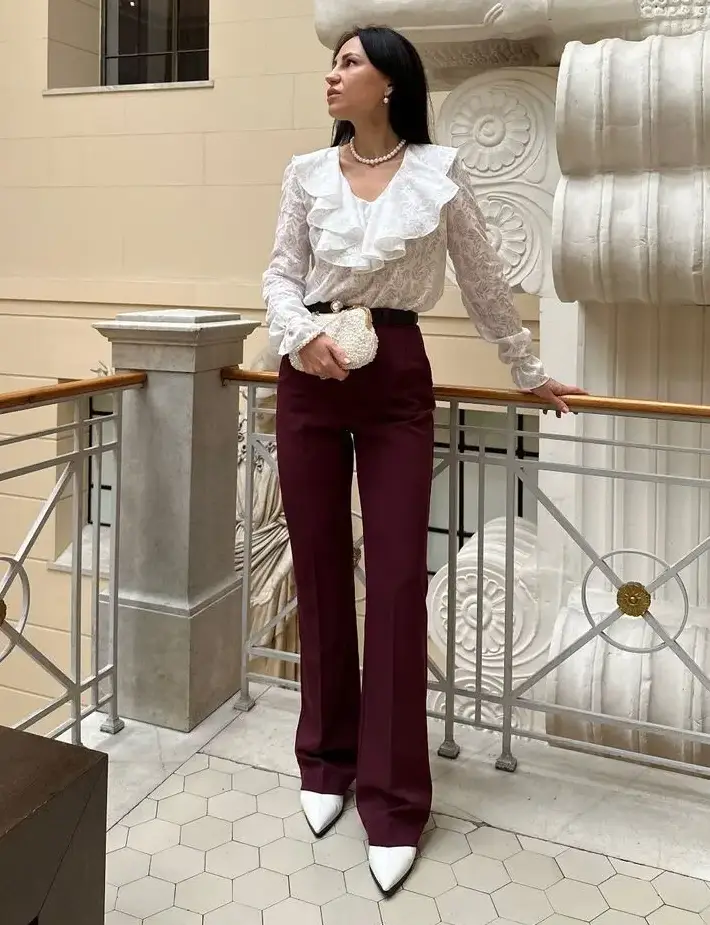 Ruffled Lace Blouse & Wine Trousers