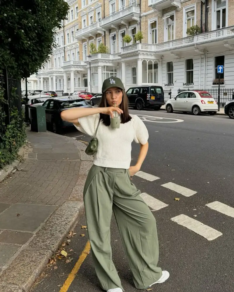 Sage Green Trousers with a Cropped Knit 