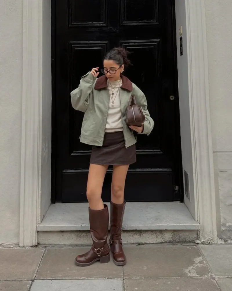 Sage Jacket + Brown Mini Skirt + Boots