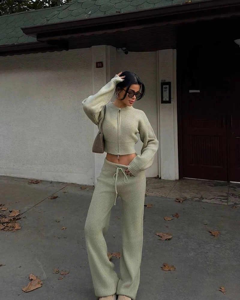  Sage Ribbed Zip-Up Set With a Cropped Hem