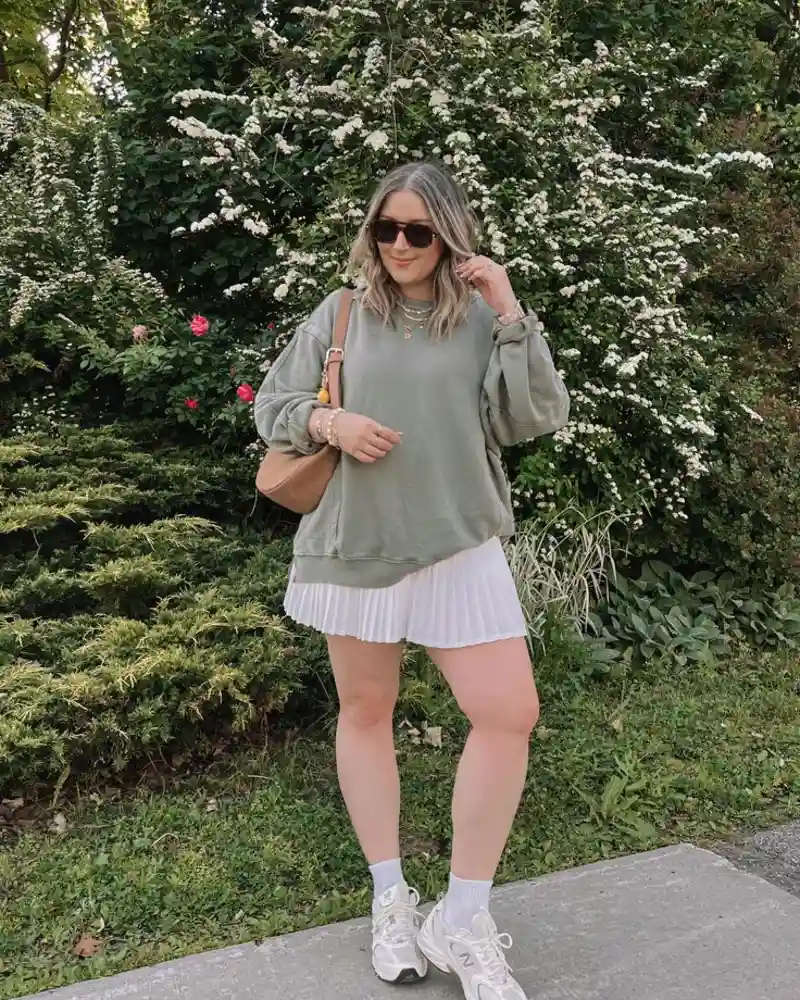 Sage Sweatshirt + Pleated Mini Skirt
