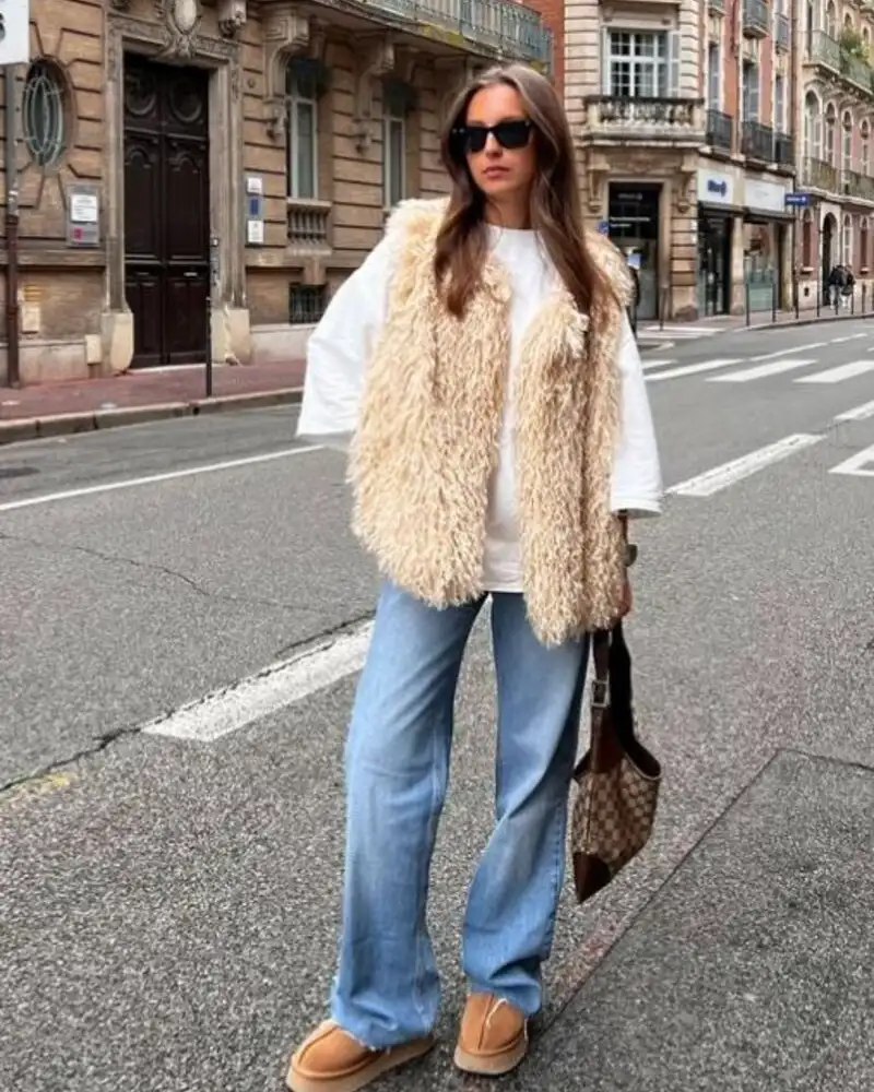  Shaggy Faux Fur Vest + White Sweatshirt + Light Wash Jeans