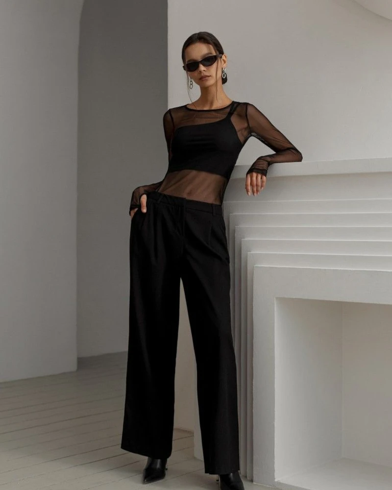 Sheer Button-Up Over Bralette And Trousers