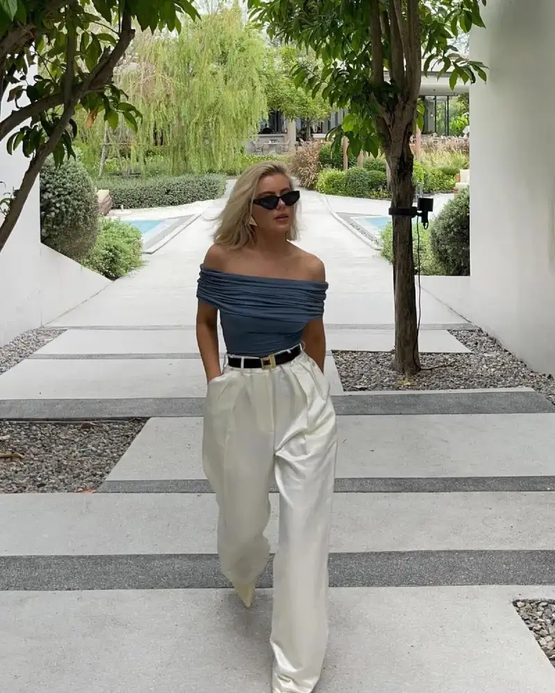 Slate Off-Shoulder & Cream Trousers