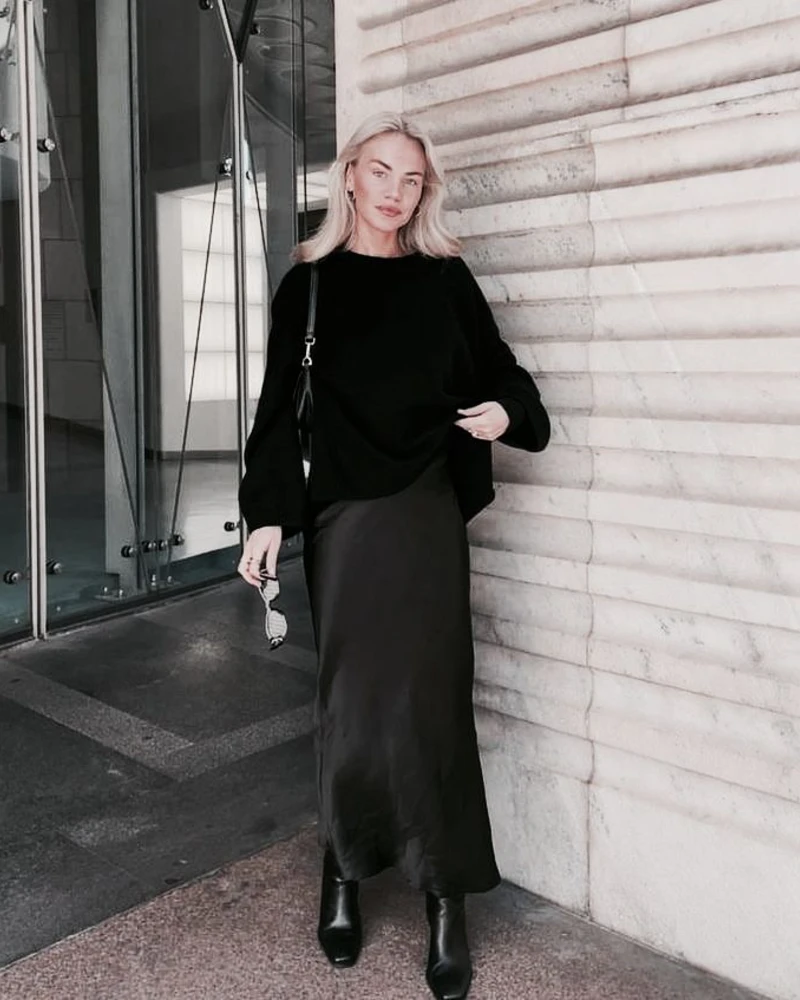 Slouchy Sweater & Satin Midi Skirt