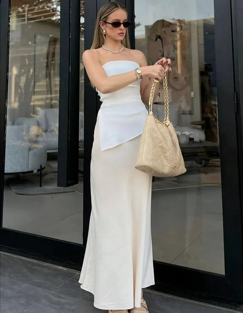 Strapless Ivory Top & Satin Maxi Skirt
