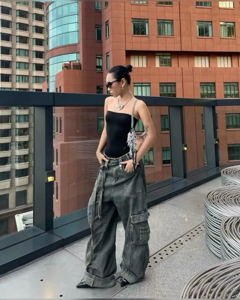 Strapless Top & Cargo Denim