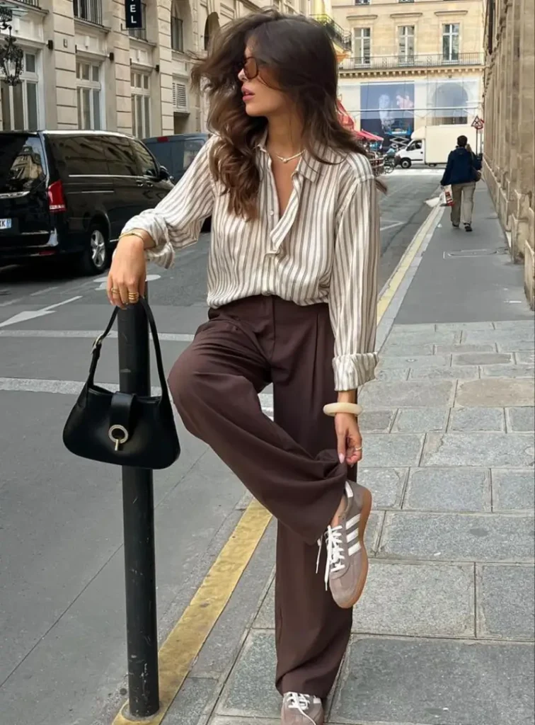 Striped Blouse & Chocolate Wide-Leg Trousers