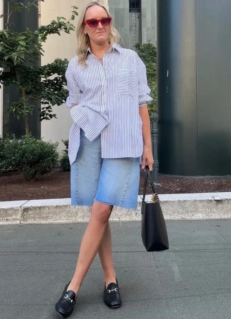 Striped Button-Down & Denim Pencil Skirt