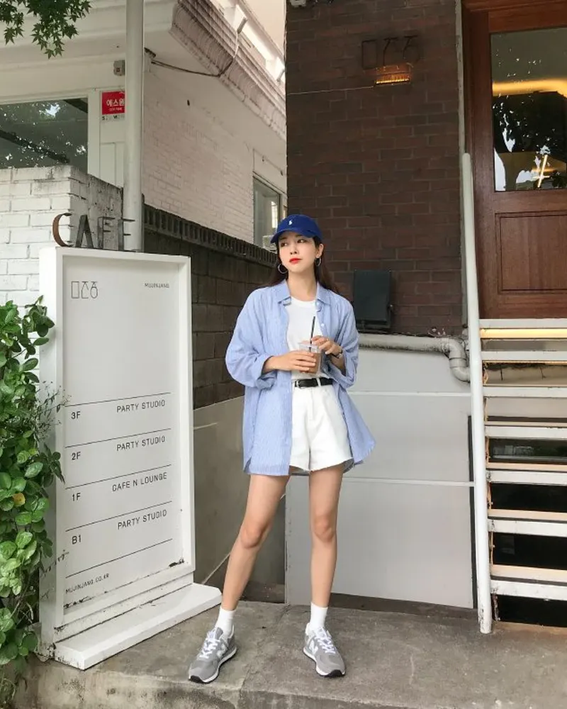 Striped Button-Down + White Shorts