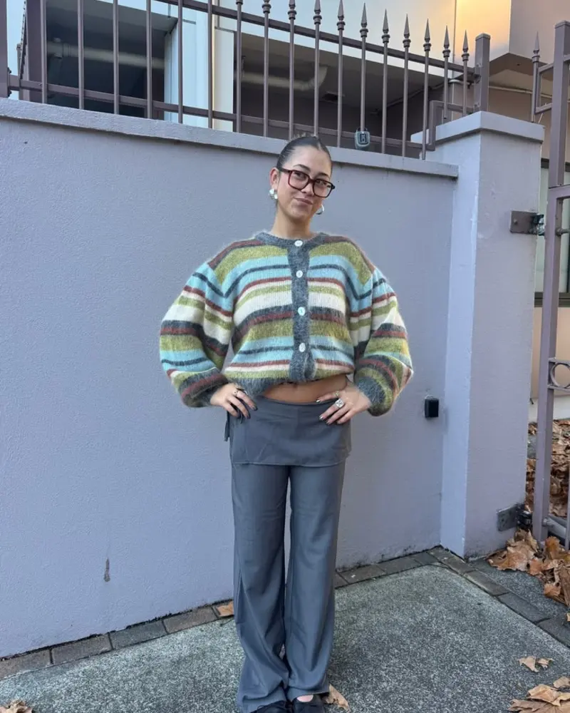 Striped Cardigan & Grey Trousers