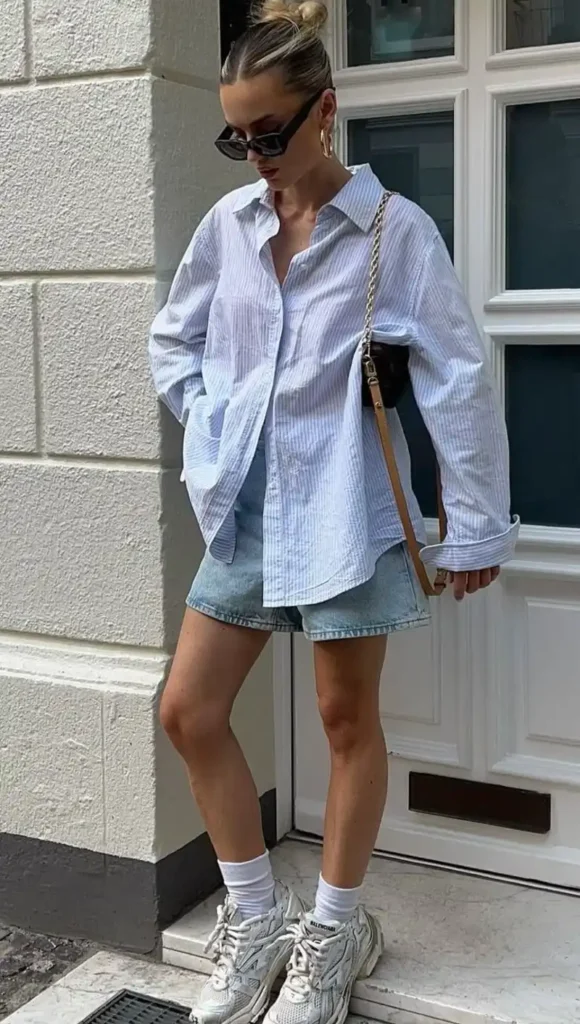 Striped Oversized Shirt + Denim Shorts