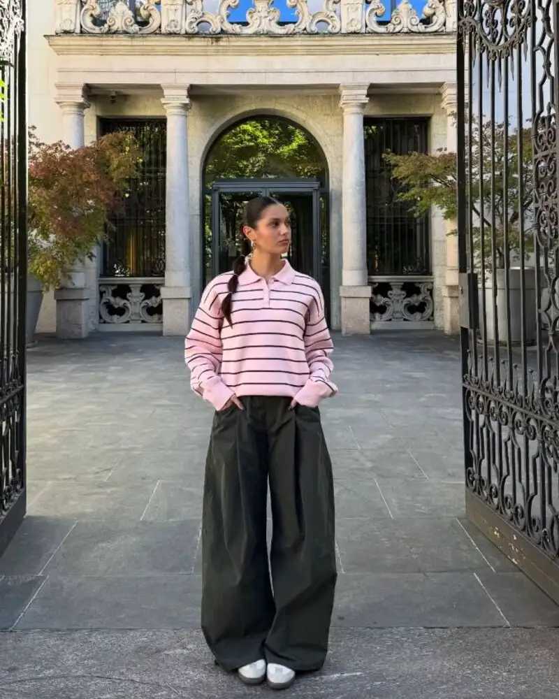 Striped Pink Polo Sweater with Wide Olive Trousers