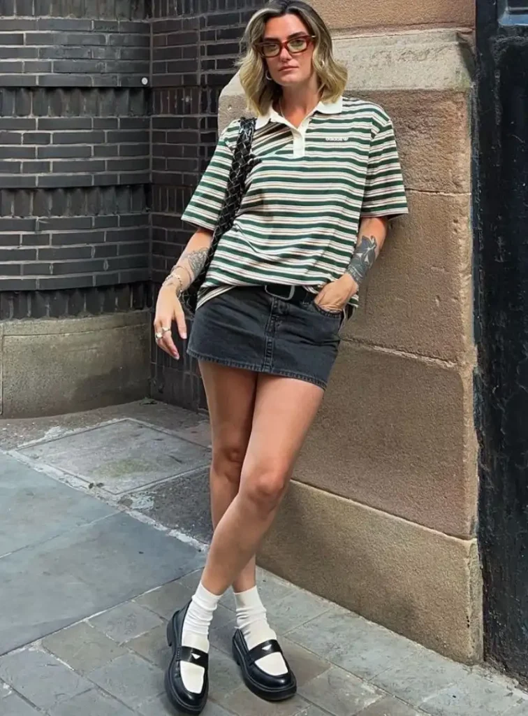 Striped Polo + Denim Mini Skirt