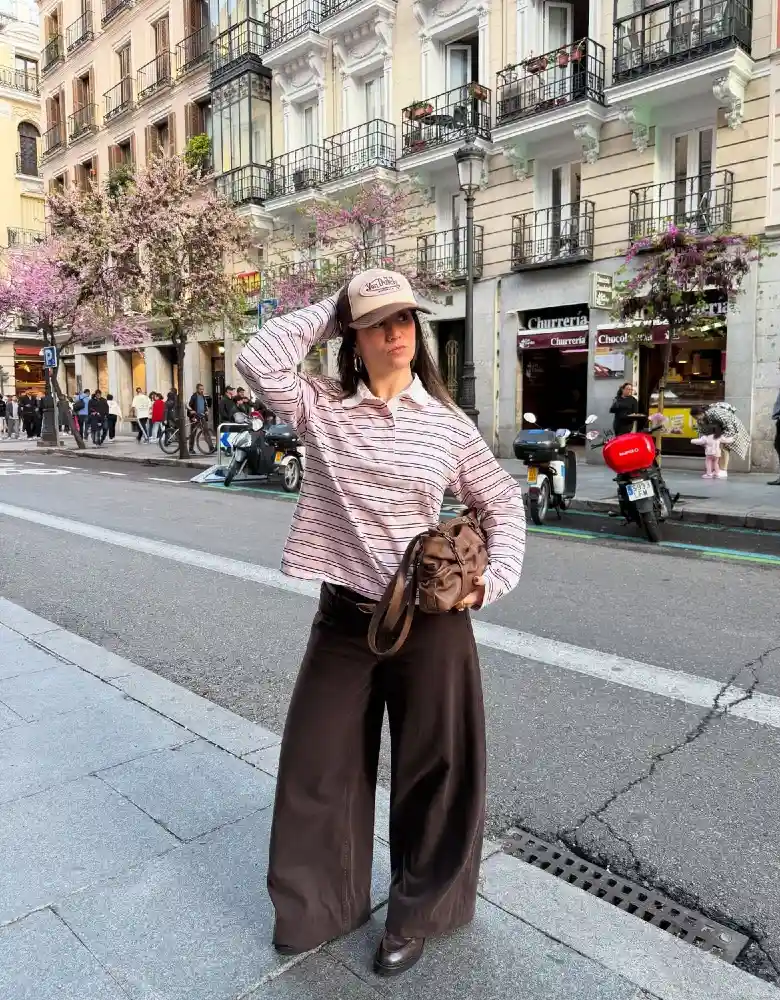  Striped Rugby Polo, Brown Wide Trousers