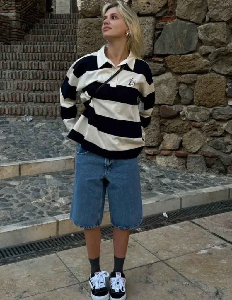 Striped Rugby Polo + Denim Shorts + Crew Socks