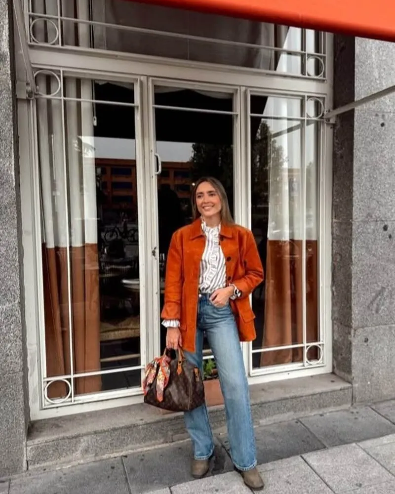 Striped Shirt Under Orange Corduroy Jacket and Wide Jeans