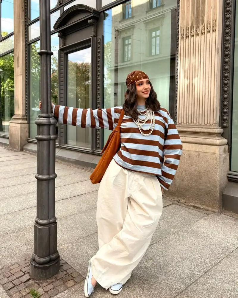 Striped Sweater & Cream Wide-Leg Trousers