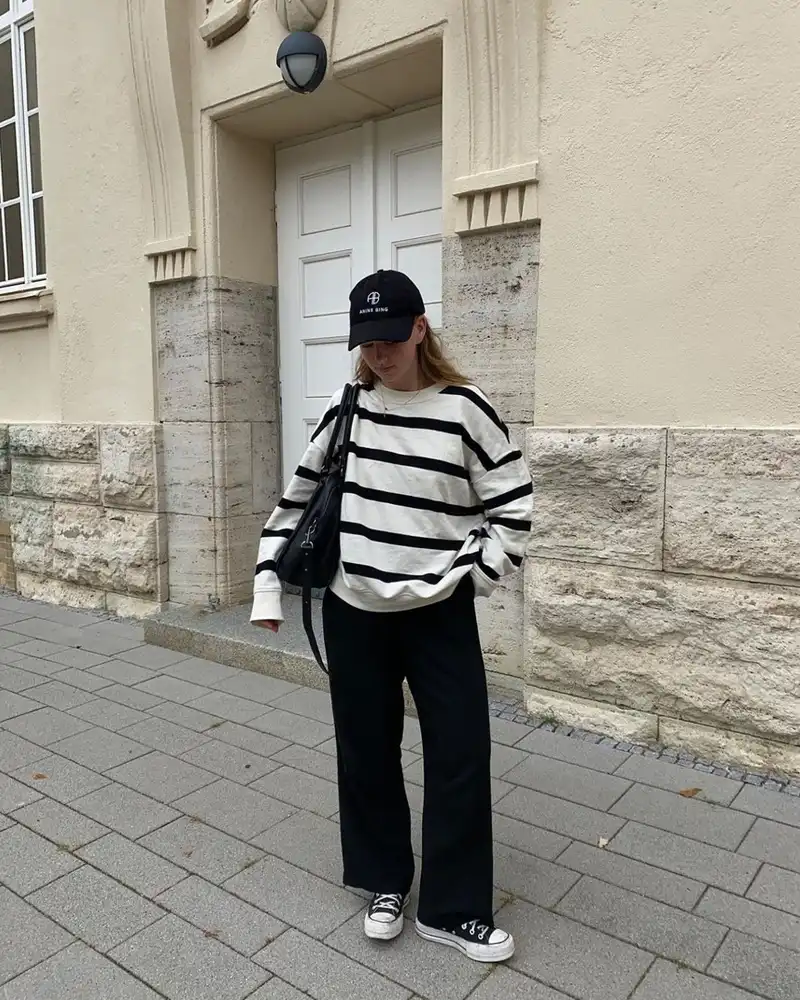 Striped Sweater, Wide Leg Black Pants, Cap