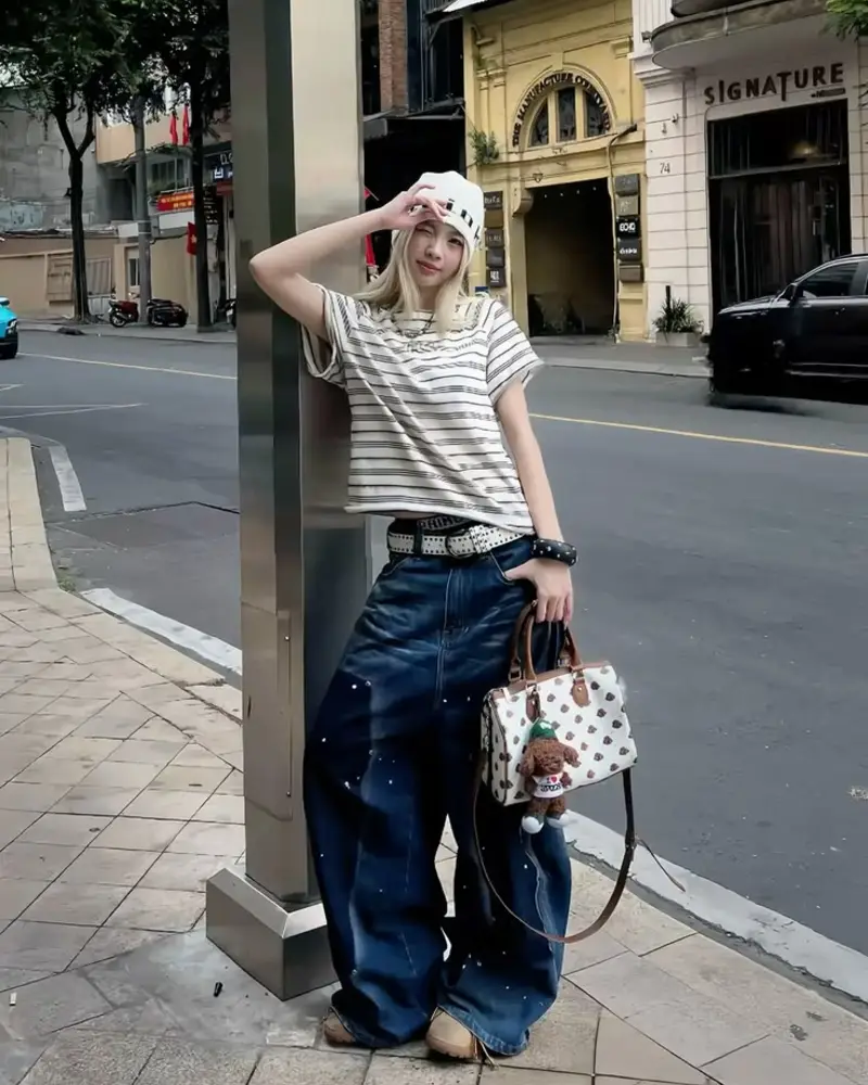 Striped Tee & Painted Wide Jeans