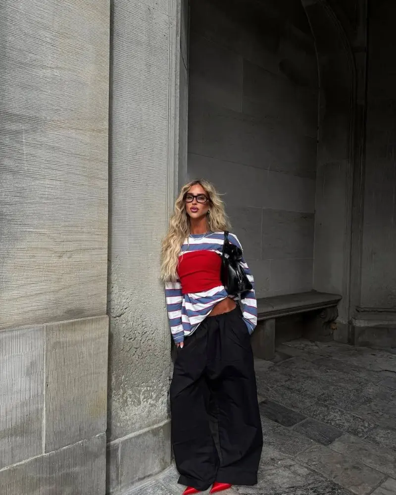 Striped Top + Corset Belt + Black Wide-Leg Trousers