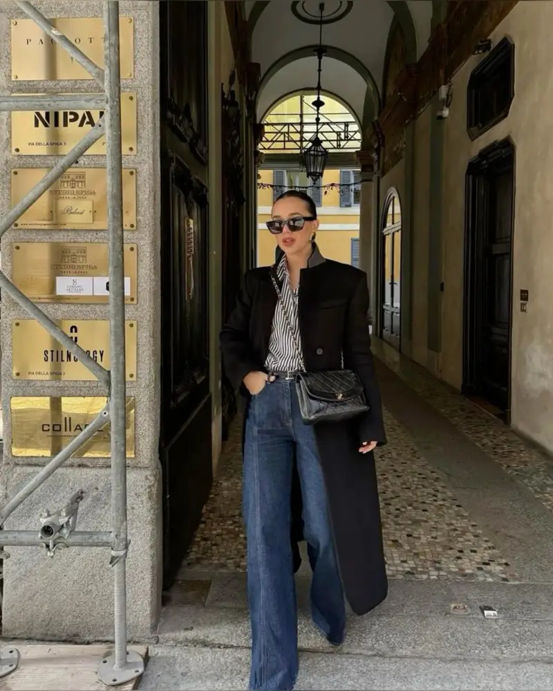 Structured Jacket Over Striped Shirt and Denim