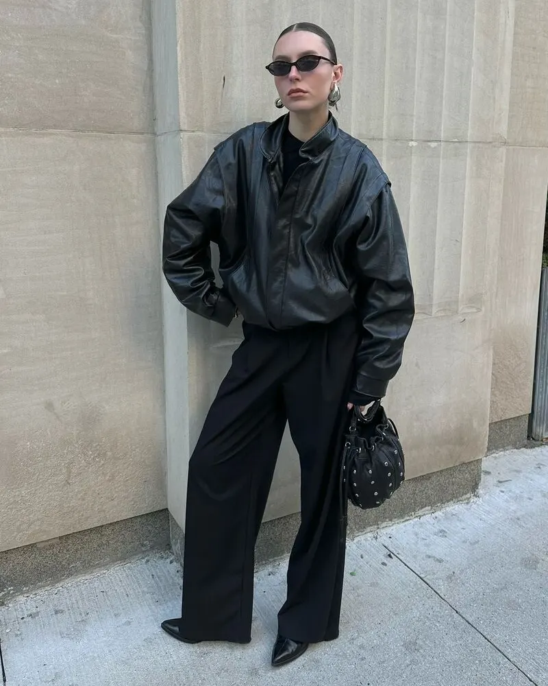 Structured Leather Jacket With Tailored Trousers
