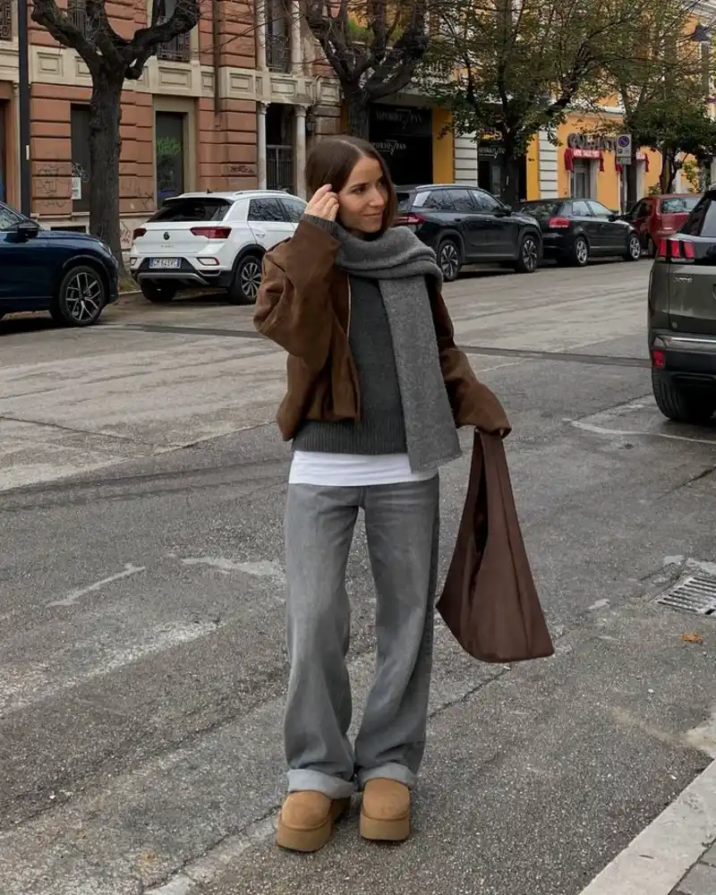 Suede Bomber, Scarf, and Grey Denim