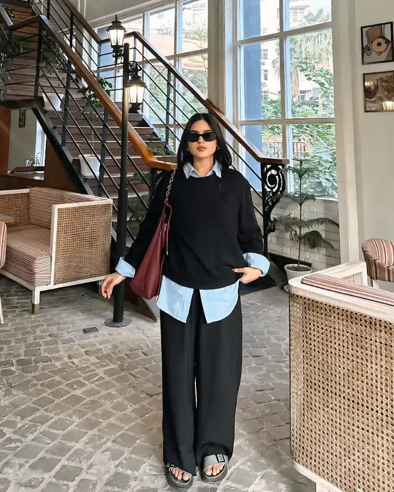 Sweater Over Collared Shirt + Wide-Leg Trousers