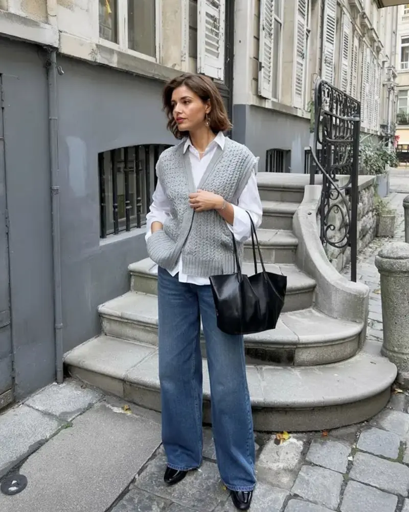 Sweater Vest, Collared Shirt & Wide-Leg Jeans