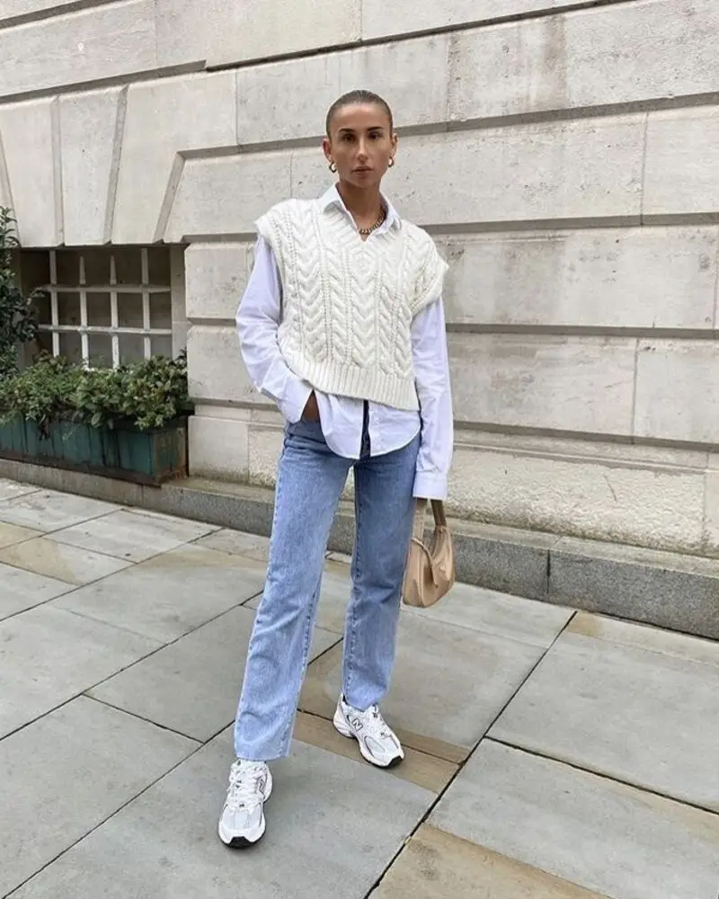 Sweater Vest, Oversized Button Up, Straight Jeans