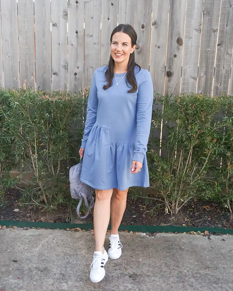 Sweatshirt Dress, Backpack, White Sneakers
