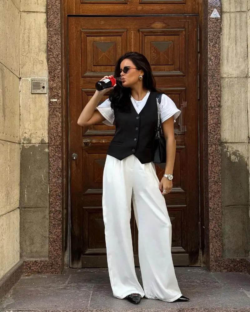 Tailored Vest Over Tee With Wide-Leg Trousers