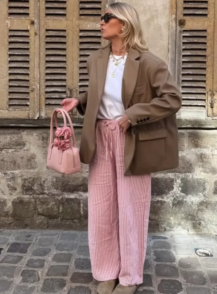 Tan Blazer Over White Tee and Striped Trousers