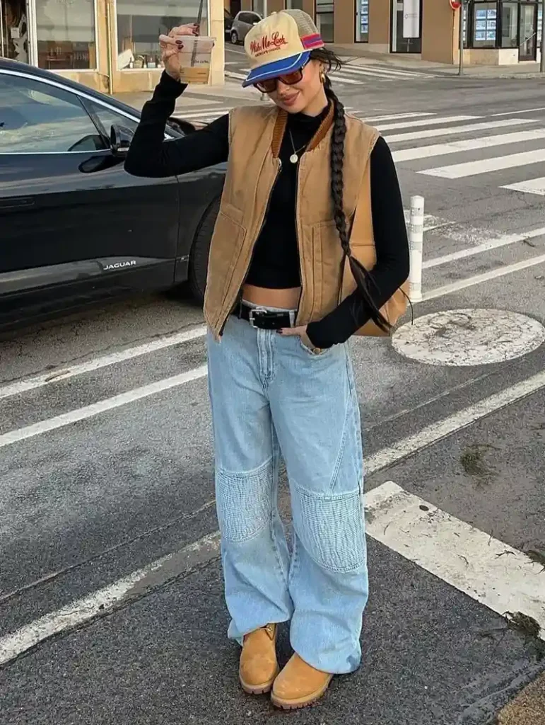  Tan Corduroy Vest + Black Top + Light Wash Denim