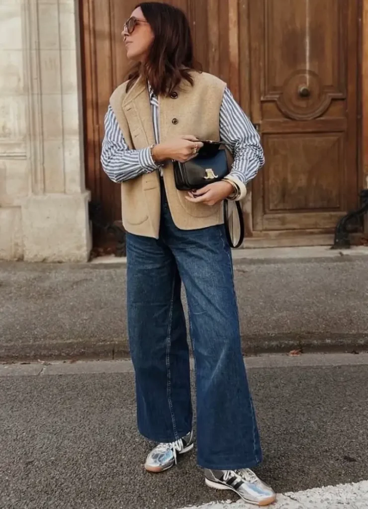  Tan Wool Vest + Striped Shirt + Dark Denim