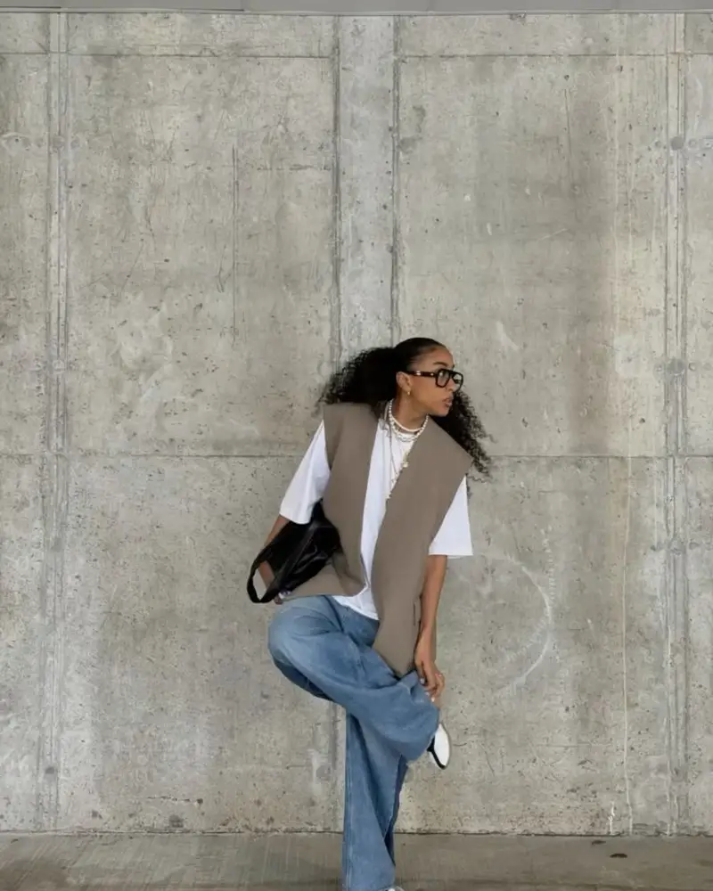 Taupe Draped Vest, White Tee, Wide Light Denim